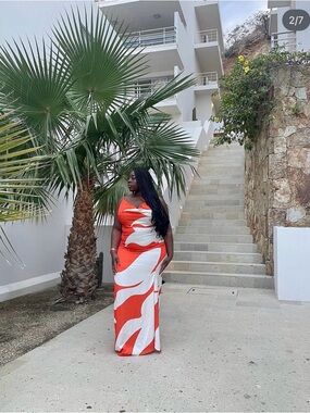 Hanifa Lola Orange  and White Maxi Dress